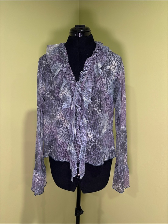 Mix It Tops - Mix it Stretch Sheer Lace Ruffle Blouse in Blue/Green/Cream